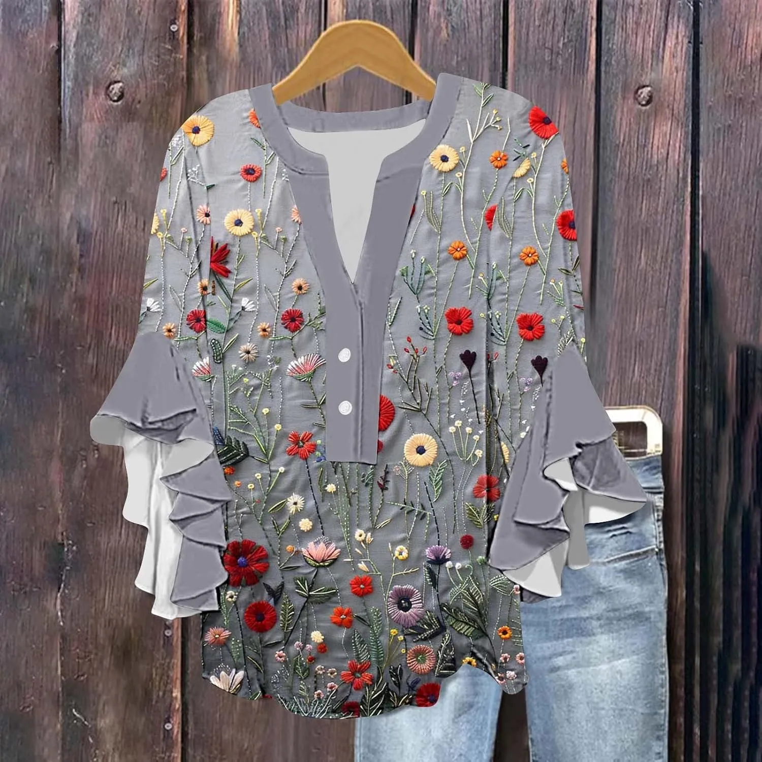 3/4 Sleeve Tops for Women Ruffle Sleeve Blouses Dressy Oversized Shirts Button V Neck Flowy Tunic Tops Retro Floral Tee