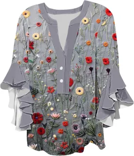 3/4 Sleeve Tops for Women Ruffle Sleeve Blouses Dressy Oversized Shirts Button V Neck Flowy Tunic Tops Retro Floral Tee