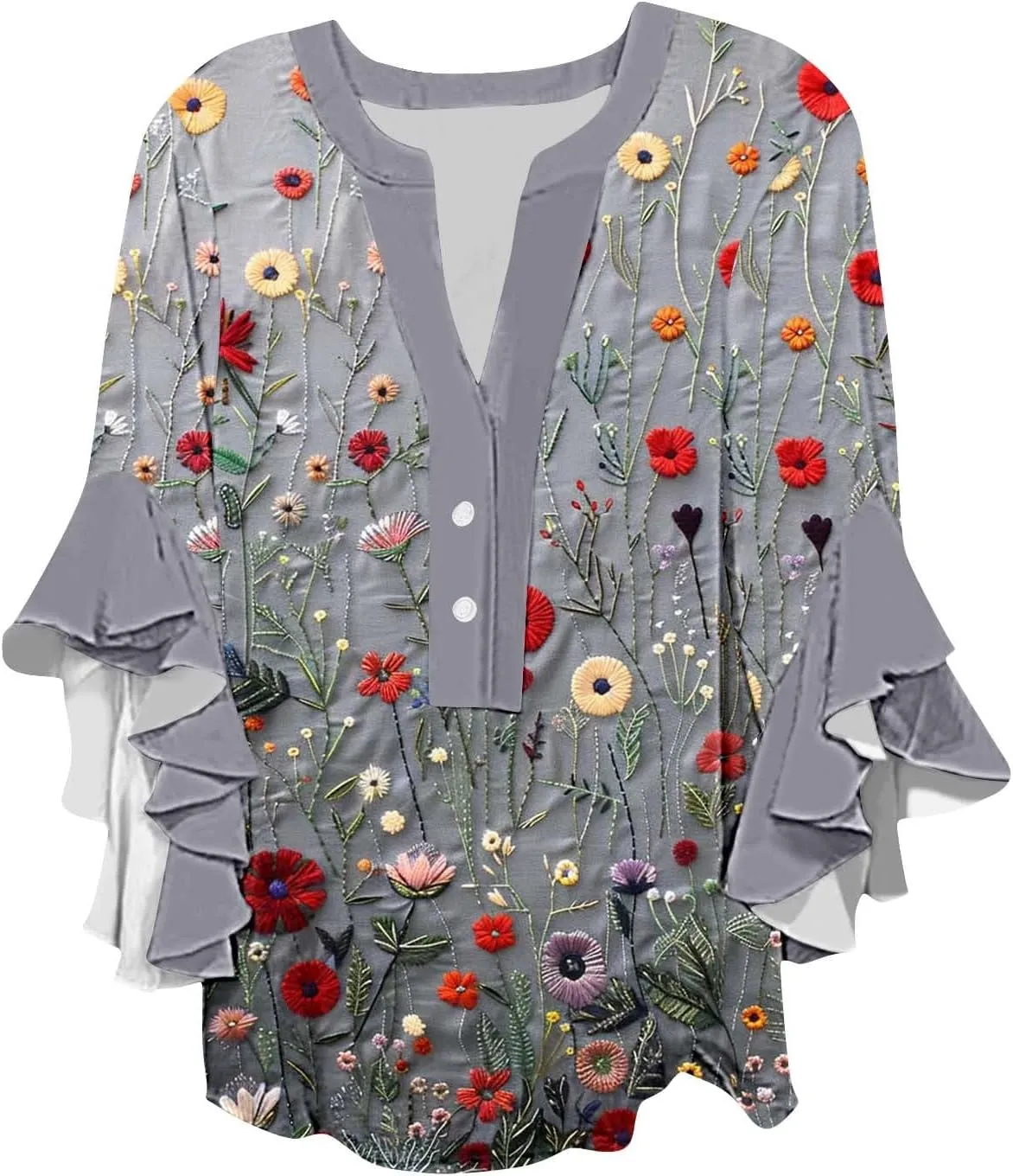3/4 Sleeve Tops for Women Ruffle Sleeve Blouses Dressy Oversized Shirts Button V Neck Flowy Tunic Tops Retro Floral Tee