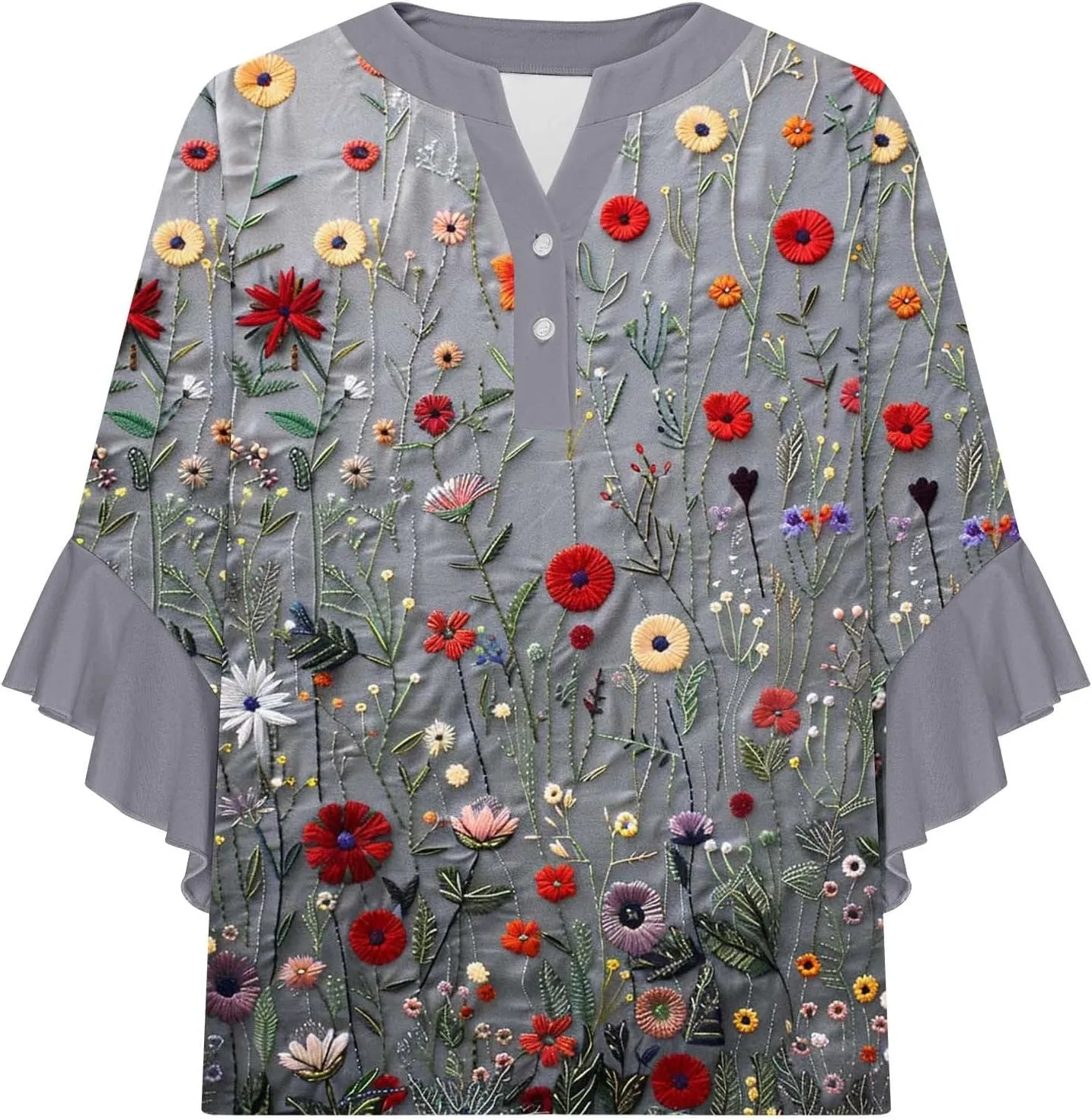 3/4 Sleeve Tops for Women Ruffle Sleeve Blouses Dressy Oversized Shirts Button V Neck Flowy Tunic Tops Retro Floral Tee