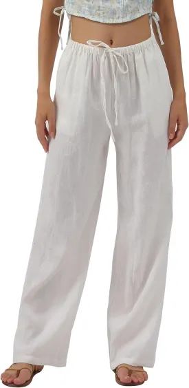 Amazhiyu Womens Pure Linen Summer Drawstring Flowy Wide Leg Pants with Pockets
