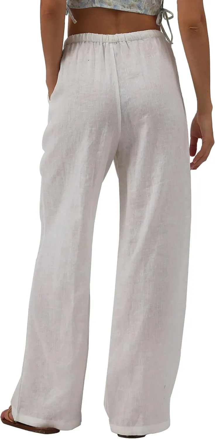 Amazhiyu Womens Pure Linen Summer Drawstring Flowy Wide Leg Pants with Pockets