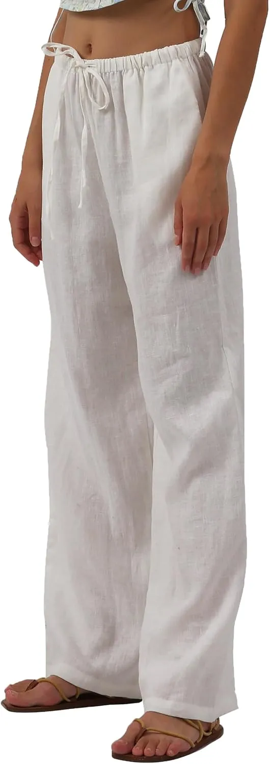 Amazhiyu Womens Pure Linen Summer Drawstring Flowy Wide Leg Pants with Pockets