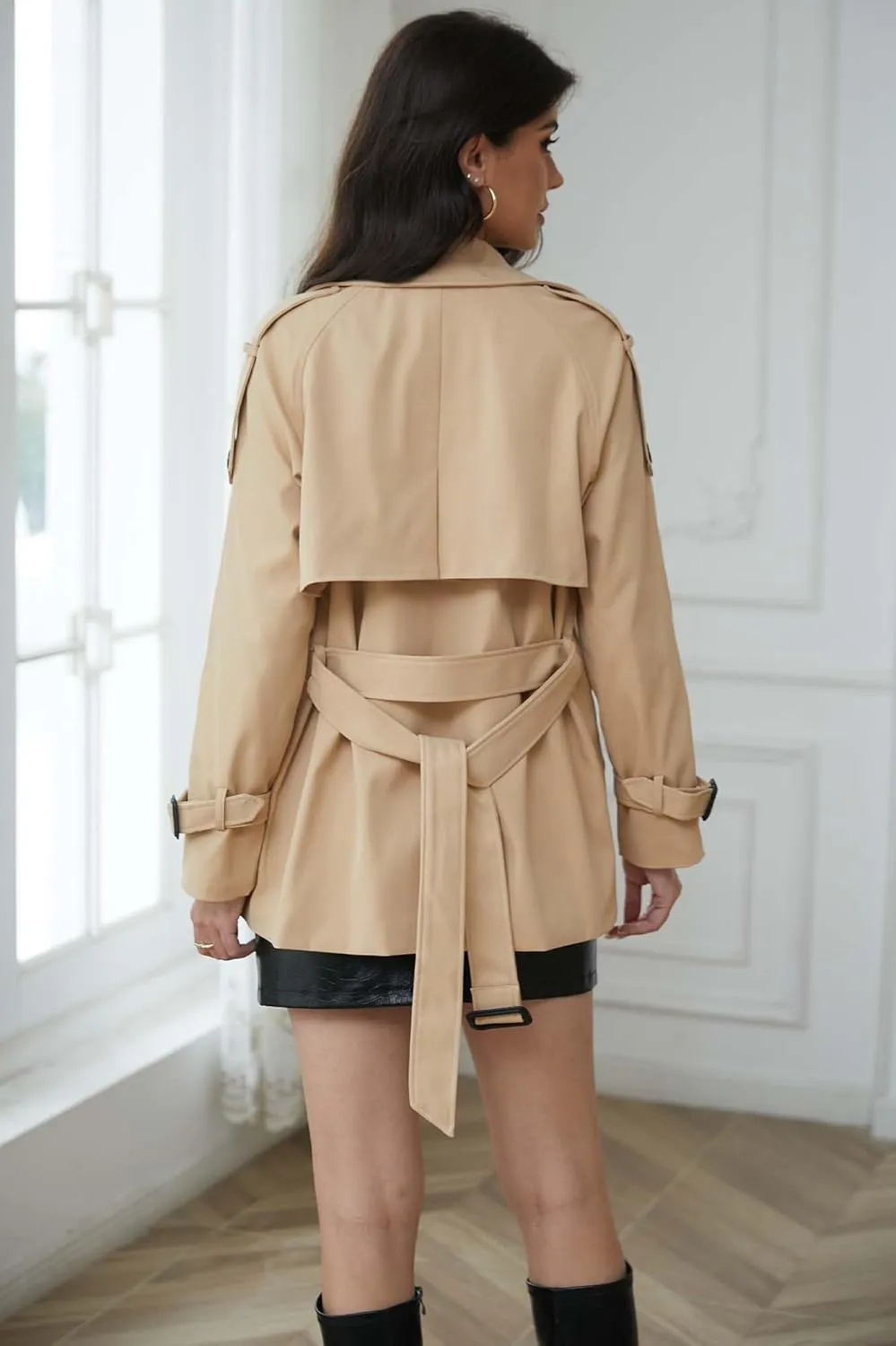 Betusline Women's Double Breasted Short Trench Coat with Belt