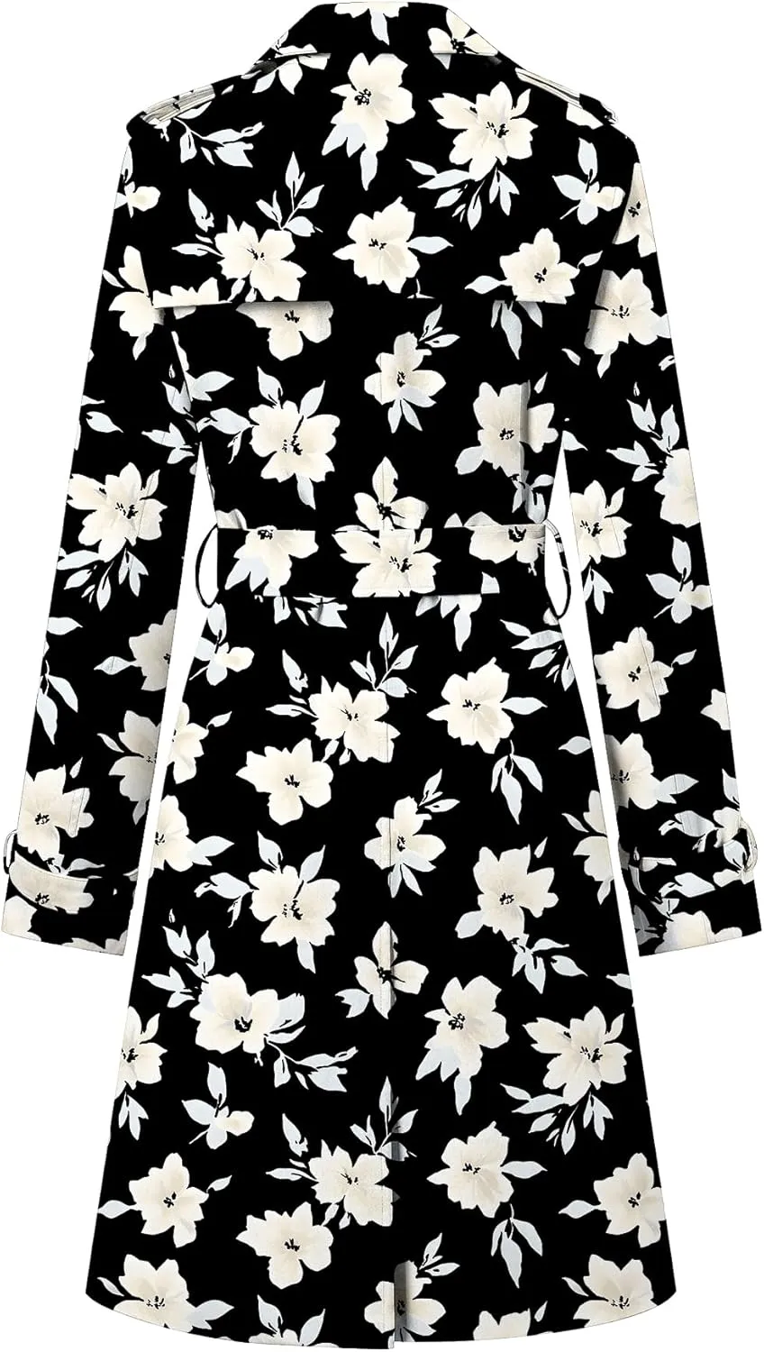 Betusline Women's Long Double-Breasted Waterproof Trench Coat with Belt, XS - 2XL