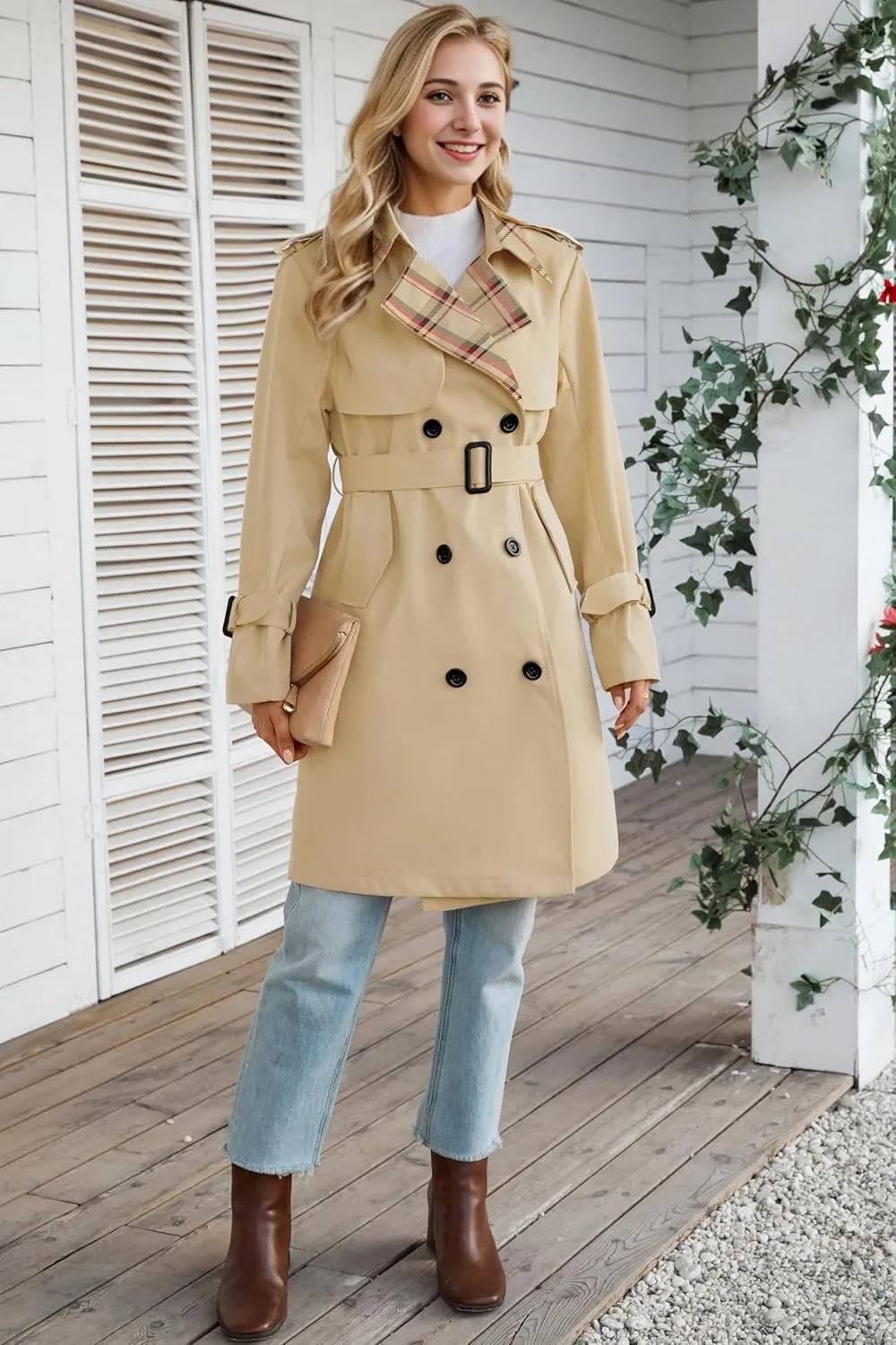 Betusline Women's Long Double-Breasted Waterproof Trench Coat with Belt