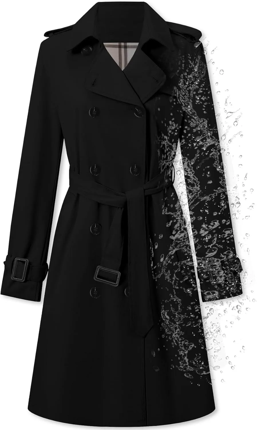 Betusline Women's Long Double-Breasted Waterproof Trench Coat with Belt
