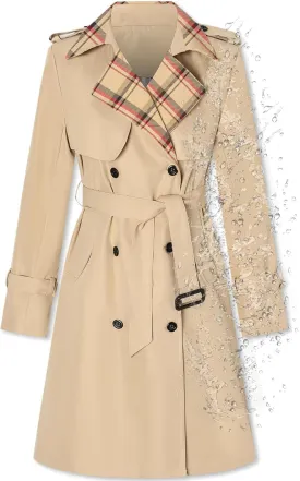 Betusline Women's Long Double-Breasted Waterproof Trench Coat with Belt