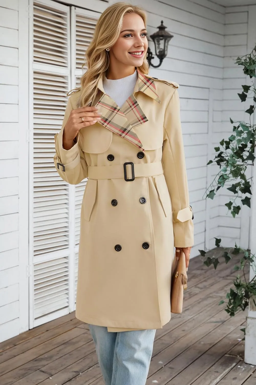 Betusline Women's Long Double-Breasted Waterproof Trench Coat with Belt