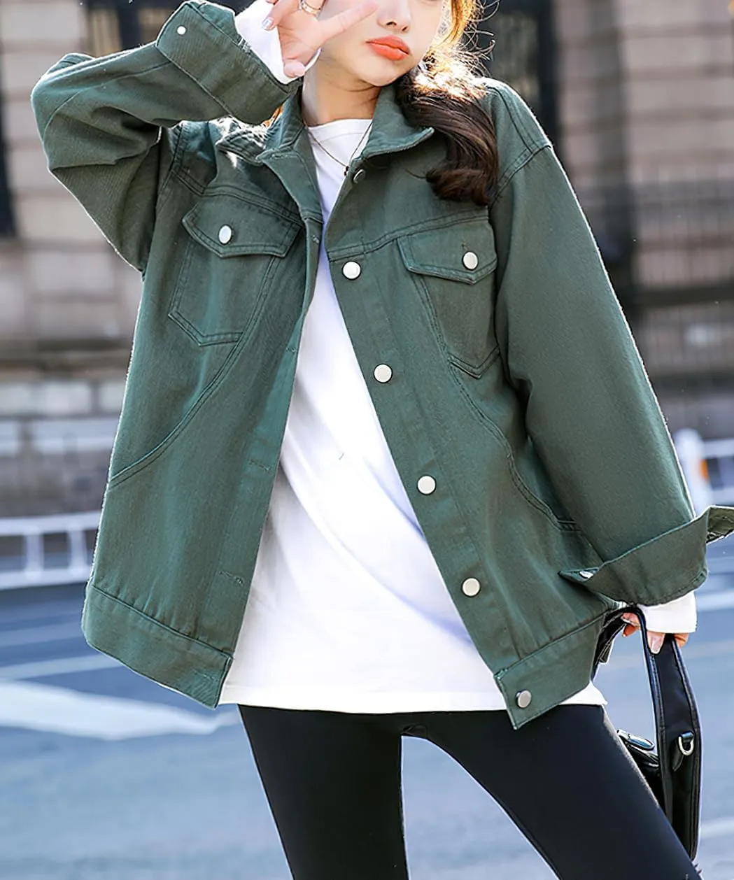 chouyatou Womens Casual Fall Button Down Denim Jacket Loose Military Utility Shacket Trucker Jean Jacket