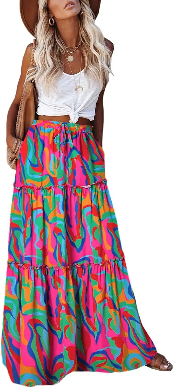EARKOHA Womens Casual High Waist Tie Paisley Print Long Maxi Skirt with Pockets