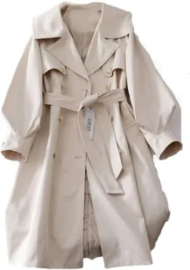 ERFMFKL Women's Long Sleeve Length Double Breasted Trench Coat Lapel Jacket With Belt Mid Waist To Long Coat