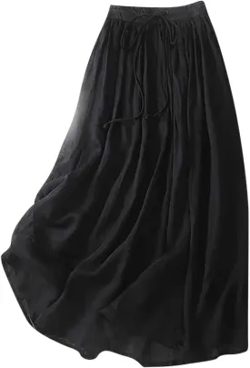 Flowy Cotton Linen Skirt for Women High Waist Drawstring Maxi Skirts Lightweight Casual Boho Skirt Clothes