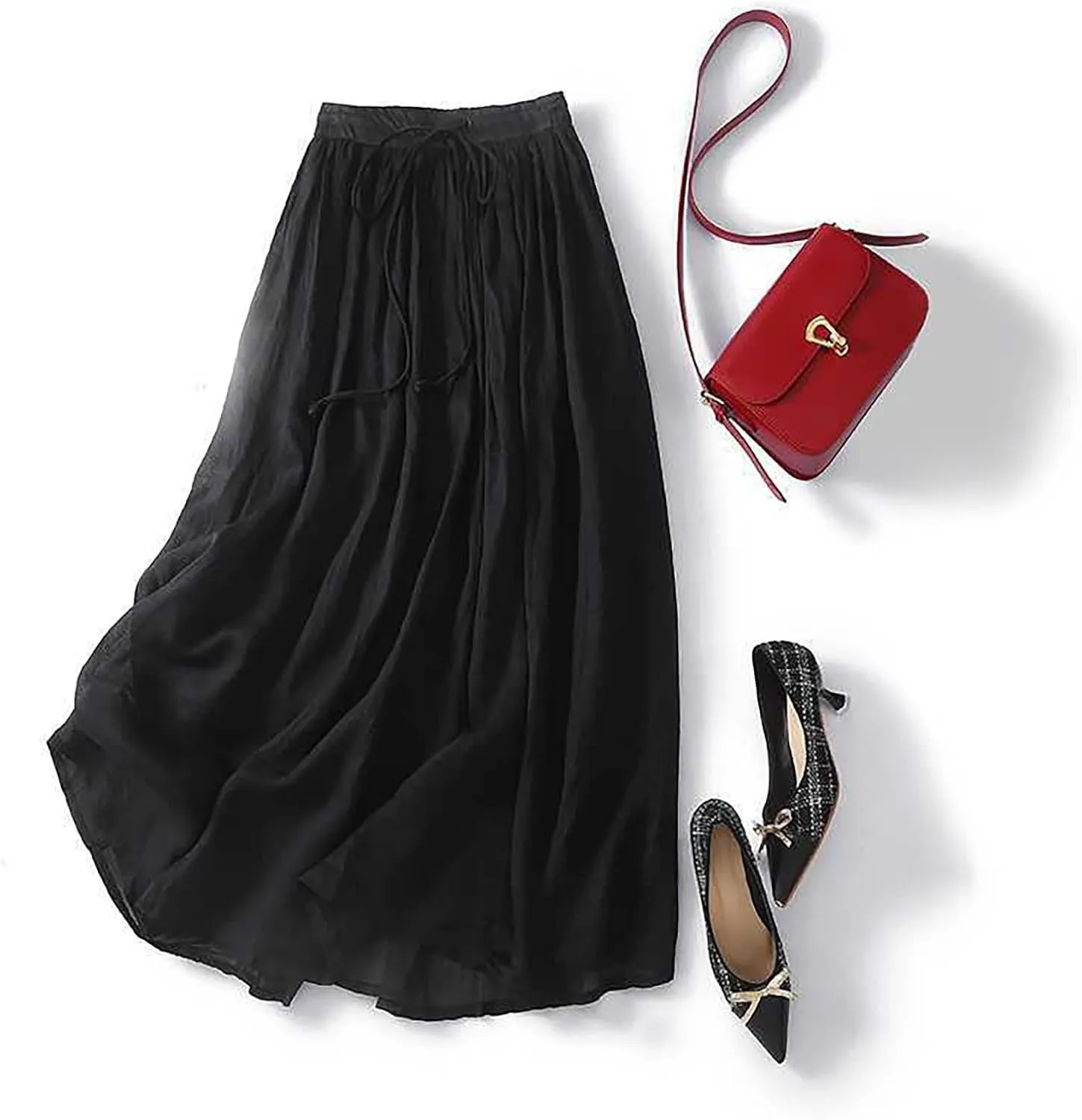 Flowy Cotton Linen Skirt for Women High Waist Drawstring Maxi Skirts Lightweight Casual Boho Skirt Clothes