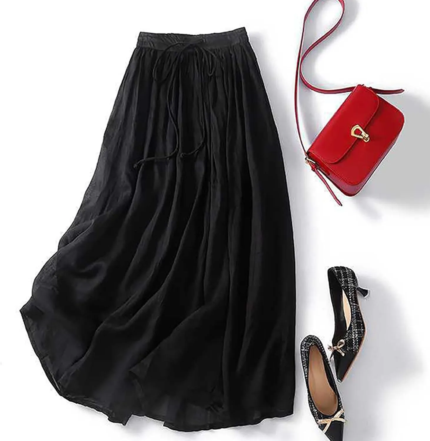 Flowy Cotton Linen Skirt for Women High Waist Drawstring Maxi Skirts Lightweight Casual Boho Skirt Clothes