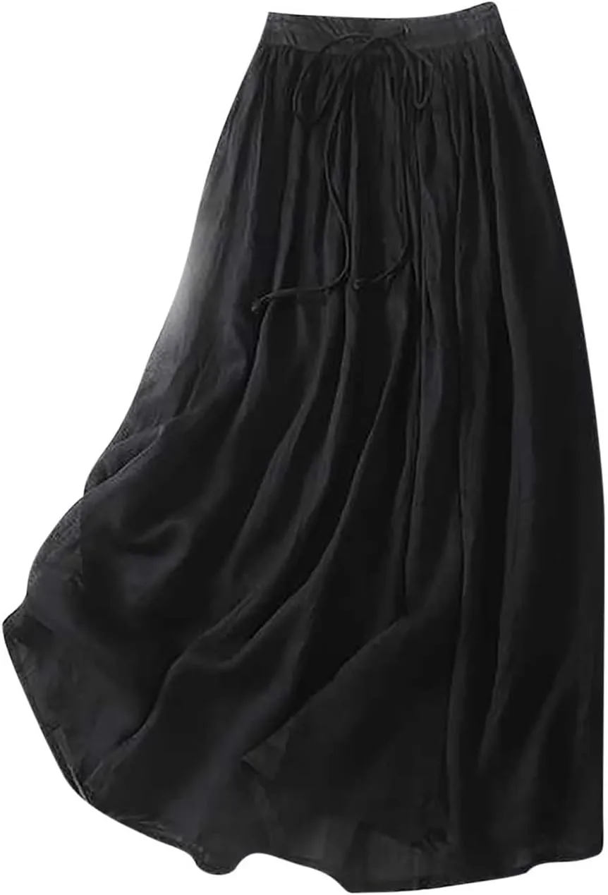 Flowy Cotton Linen Skirt for Women High Waist Drawstring Maxi Skirts Lightweight Casual Boho Skirt Clothes
