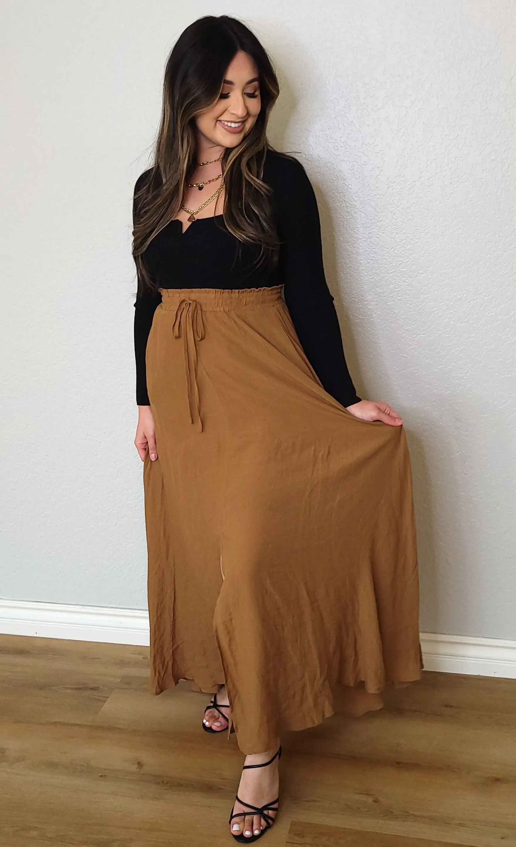 FRONT SLIT MAXI SKIRT WITH DRAWSTRING