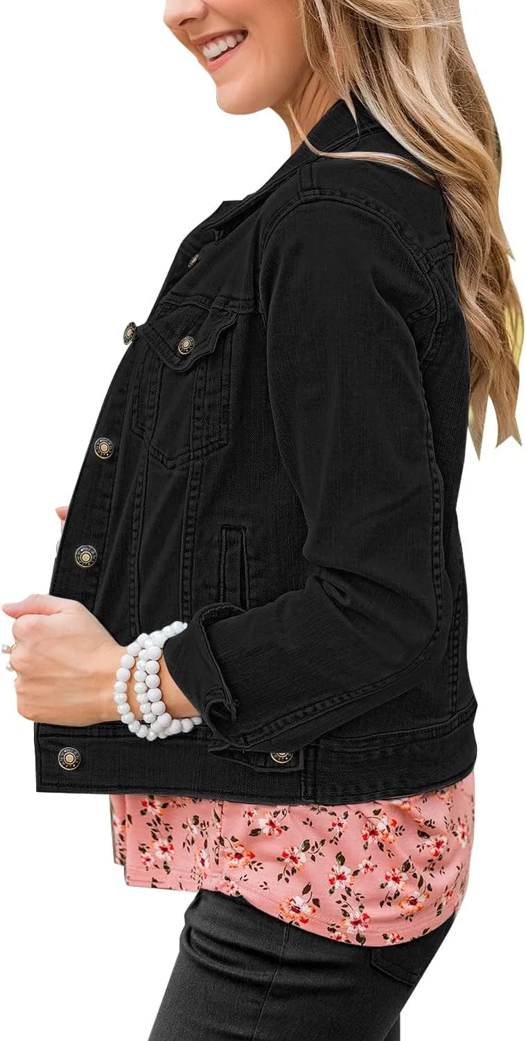 GRAPENT Women's Basic Button Down Long Sleeve Stretchy Jean Trucker Denim Jacket