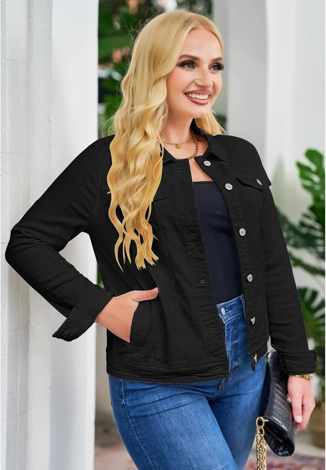 GRAPENT Women's Basic Button Down Long Sleeve Stretchy Jean Trucker Denim Jacket