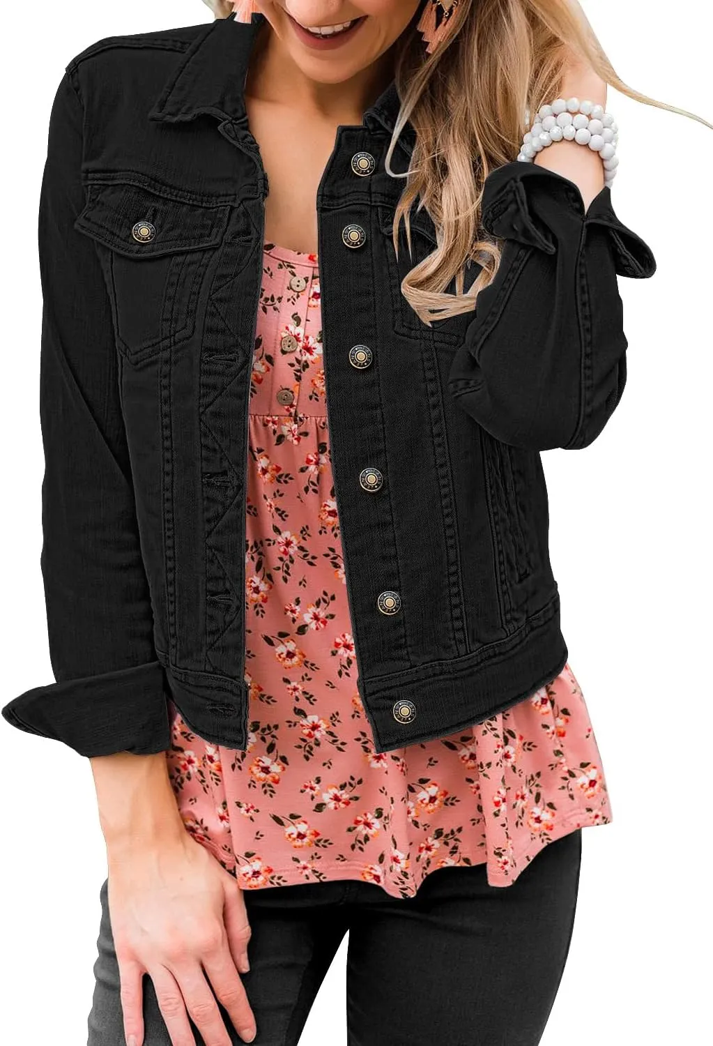 GRAPENT Women's Basic Button Down Long Sleeve Stretchy Jean Trucker Denim Jacket