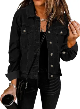 GRAPENT Women's Basic Button Down Long Sleeve Stretchy Jean Trucker Denim Jacket