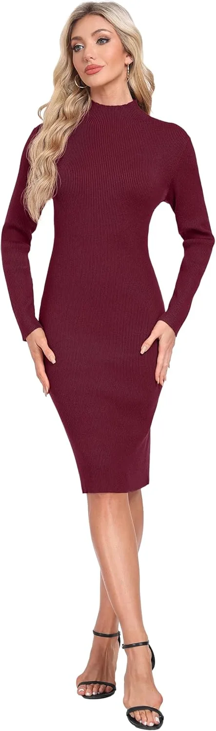 GRECERELLE Womens 2025 Fall & Winter Outfits Sweater Dress Mock Neck Long Sleeve Slim Fit Ribbed Knit Bodycon Midi Dress