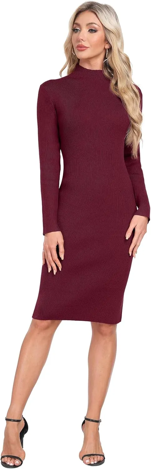 GRECERELLE Womens 2025 Fall & Winter Outfits Sweater Dress Mock Neck Long Sleeve Slim Fit Ribbed Knit Bodycon Midi Dress