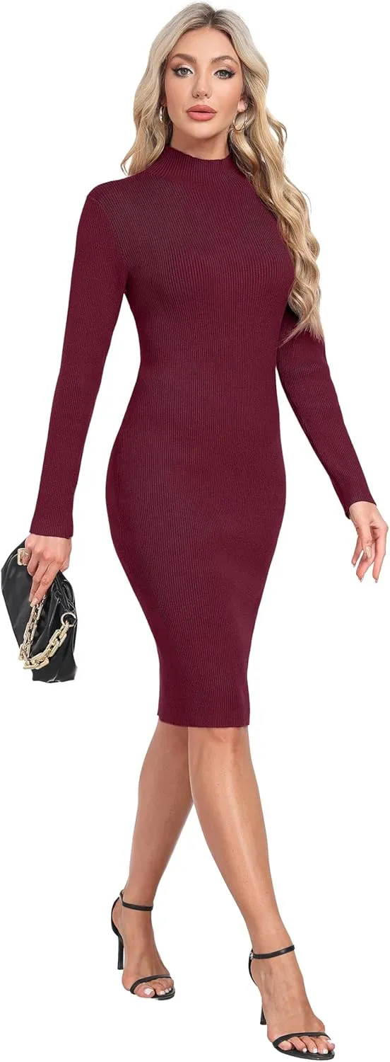 GRECERELLE Womens 2025 Fall & Winter Outfits Sweater Dress Mock Neck Long Sleeve Slim Fit Ribbed Knit Bodycon Midi Dress