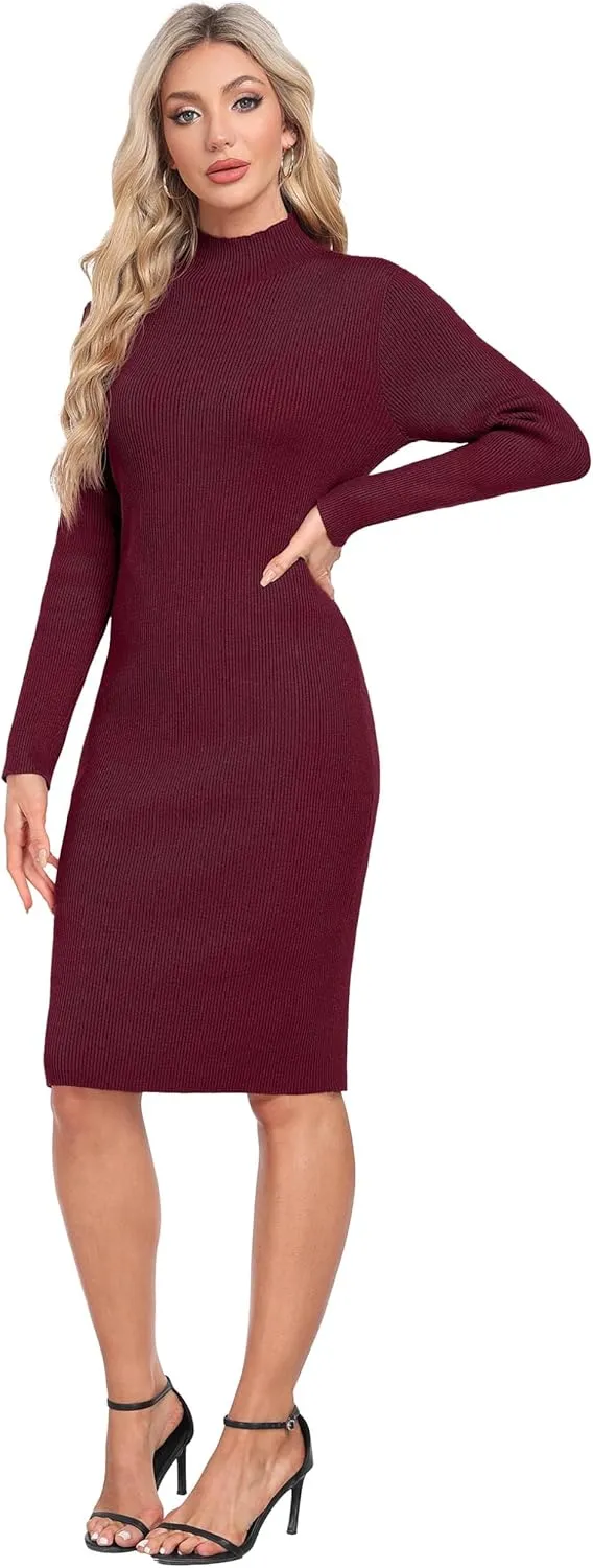 GRECERELLE Womens 2025 Fall & Winter Outfits Sweater Dress Mock Neck Long Sleeve Slim Fit Ribbed Knit Bodycon Midi Dress