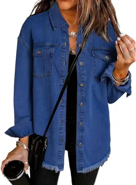 Jean Jackets for Women Oversized Button Up Frayed Hem Shacket Casual Long Sleeve Denim Jean Jackets Coat with Pockets