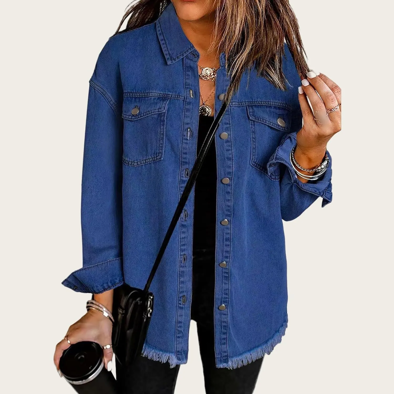 Jean Jackets for Women Oversized Button Up Frayed Hem Shacket Casual Long Sleeve Denim Jean Jackets Coat with Pockets
