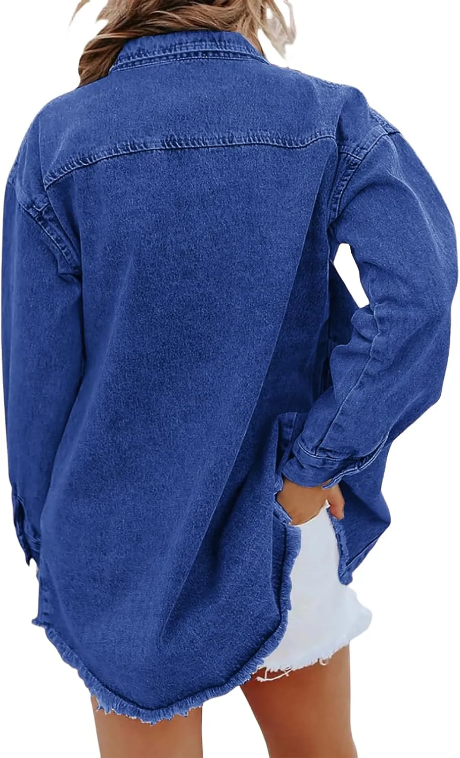 Jean Jackets for Women Oversized Button Up Frayed Hem Shacket Casual Long Sleeve Denim Jean Jackets Coat with Pockets