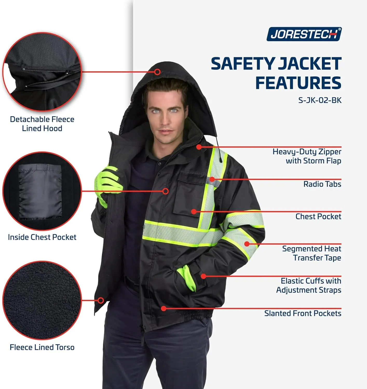 JORESTECH Safety Jacket with Heat-Transfer Reflective Tapes and Removable Hood