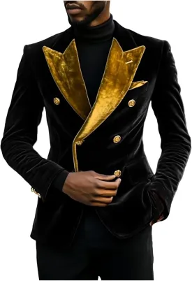 Leisure Men's Velvet Blazer Double Breasted Coat Peak Lapel Jacket Business Regular Fit Prom Tuxedos for Party