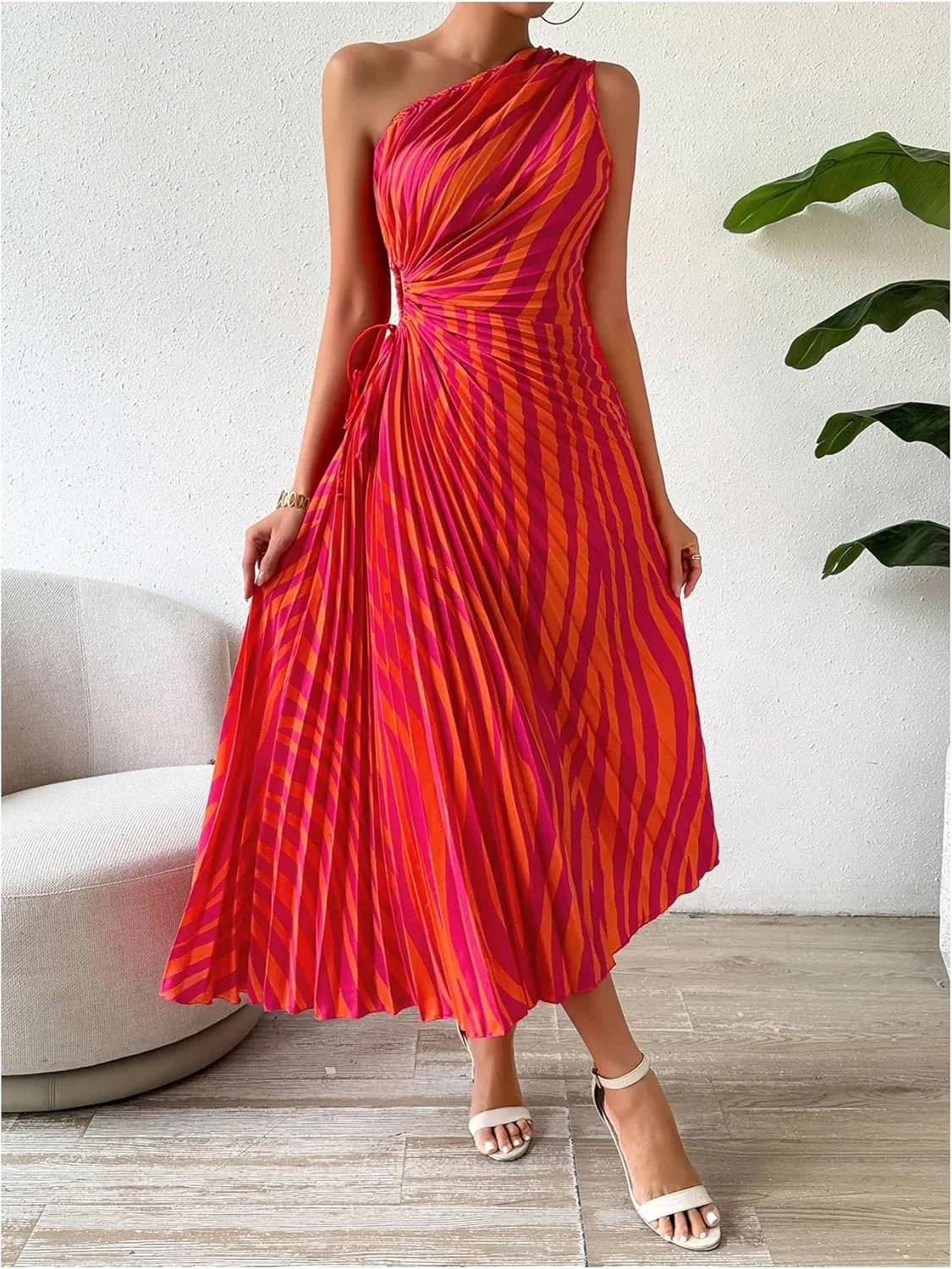 MakeMeChic Women's Casual Striped Cut Out One Shoulder Sleeveless High Waist Summer A Line Maxi Dresses