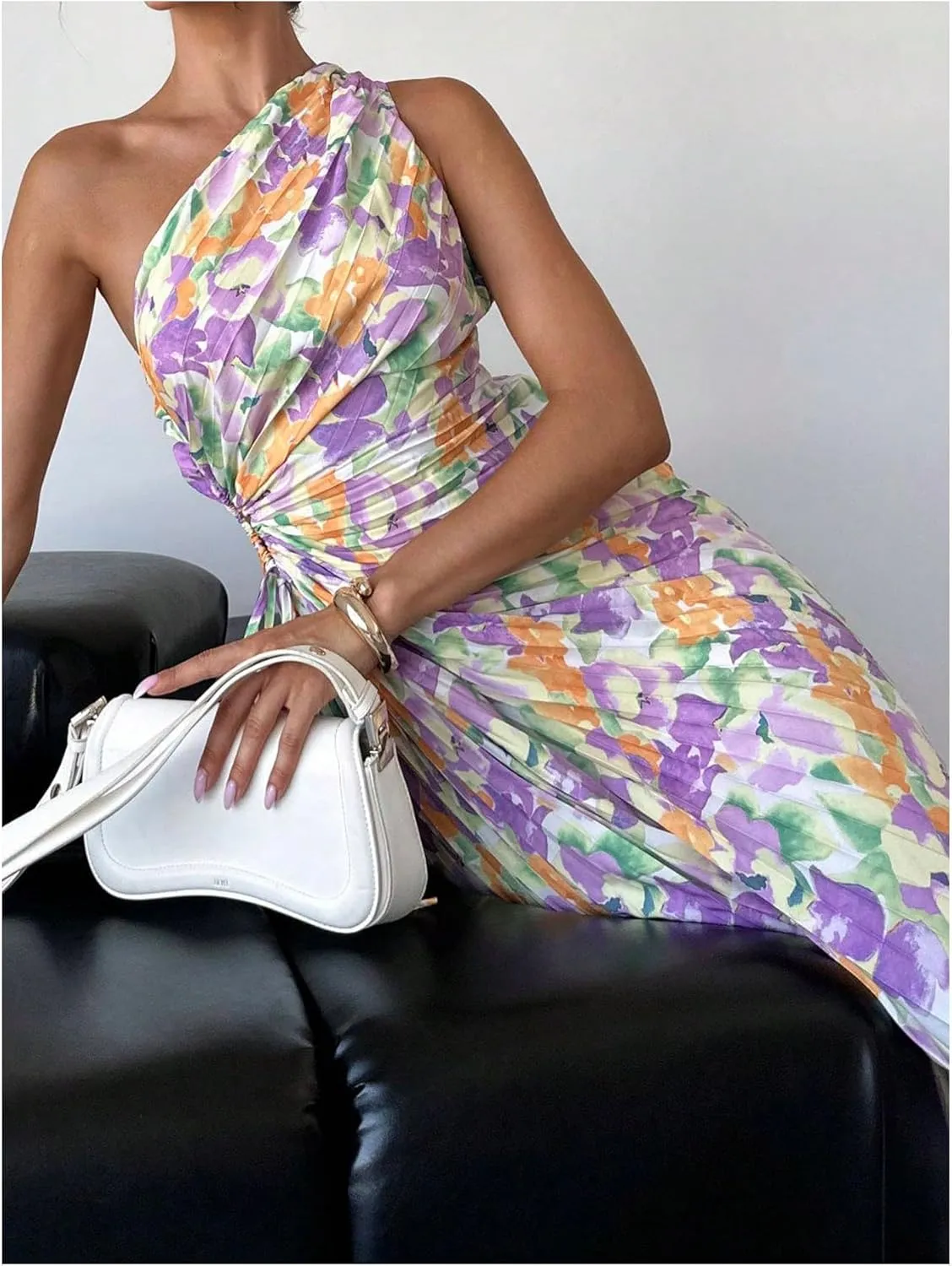 MakeMeChic Women's Casual Striped Cut Out One Shoulder Sleeveless High Waist Summer A Line Maxi Dresses