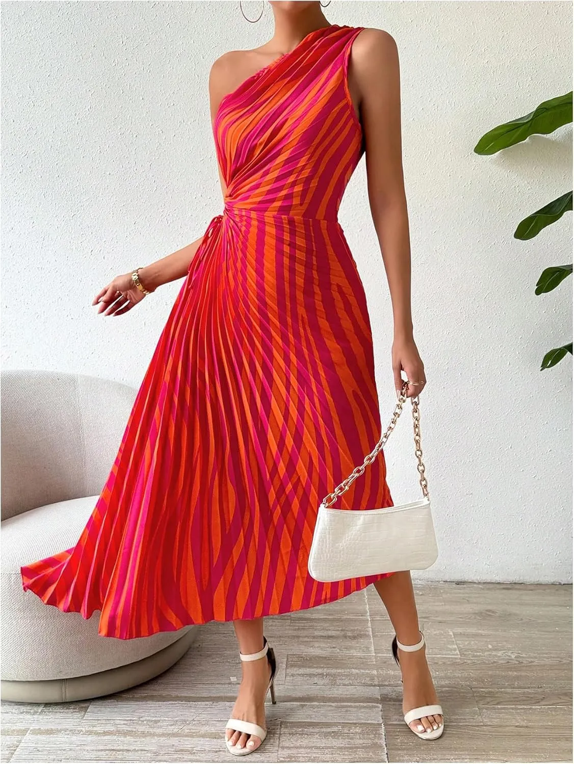 MakeMeChic Women's Casual Striped Cut Out One Shoulder Sleeveless High Waist Summer A Line Maxi Dresses