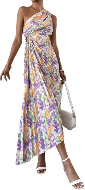 MakeMeChic Women's Casual Striped Cut Out One Shoulder Sleeveless High Waist Summer A Line Maxi Dresses