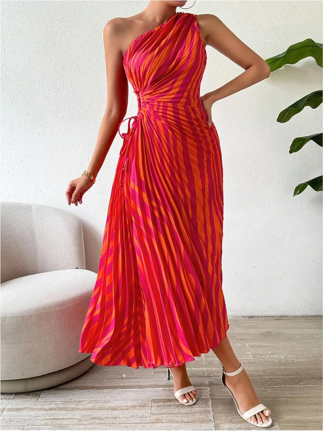 MakeMeChic Women's Casual Striped Cut Out One Shoulder Sleeveless High Waist Summer A Line Maxi Dresses