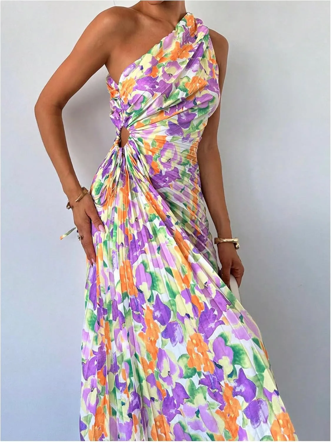 MakeMeChic Women's Casual Striped Cut Out One Shoulder Sleeveless High Waist Summer A Line Maxi Dresses