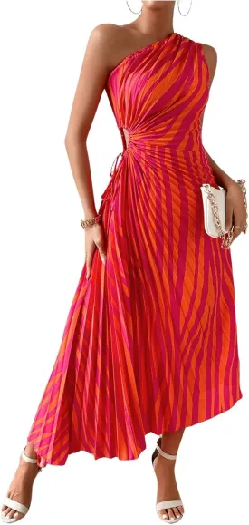 MakeMeChic Women's Casual Striped Cut Out One Shoulder Sleeveless High Waist Summer A Line Maxi Dresses