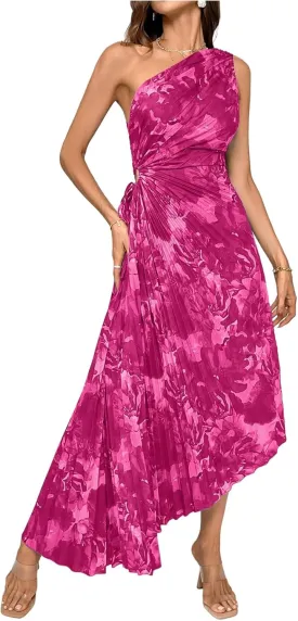 MakeMeChic Women's Casual Striped Cut Out One Shoulder Sleeveless High Waist Summer A Line Maxi Dresses