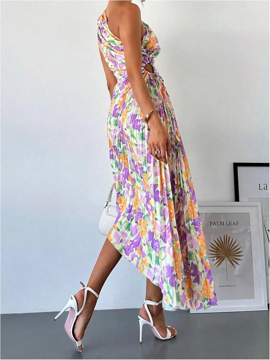 MakeMeChic Women's Casual Striped Cut Out One Shoulder Sleeveless High Waist Summer A Line Maxi Dresses