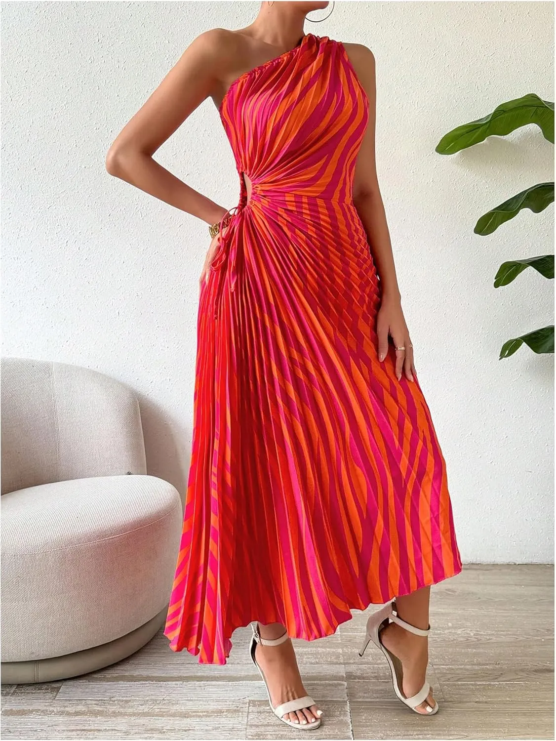 MakeMeChic Women's Casual Striped Cut Out One Shoulder Sleeveless High Waist Summer A Line Maxi Dresses
