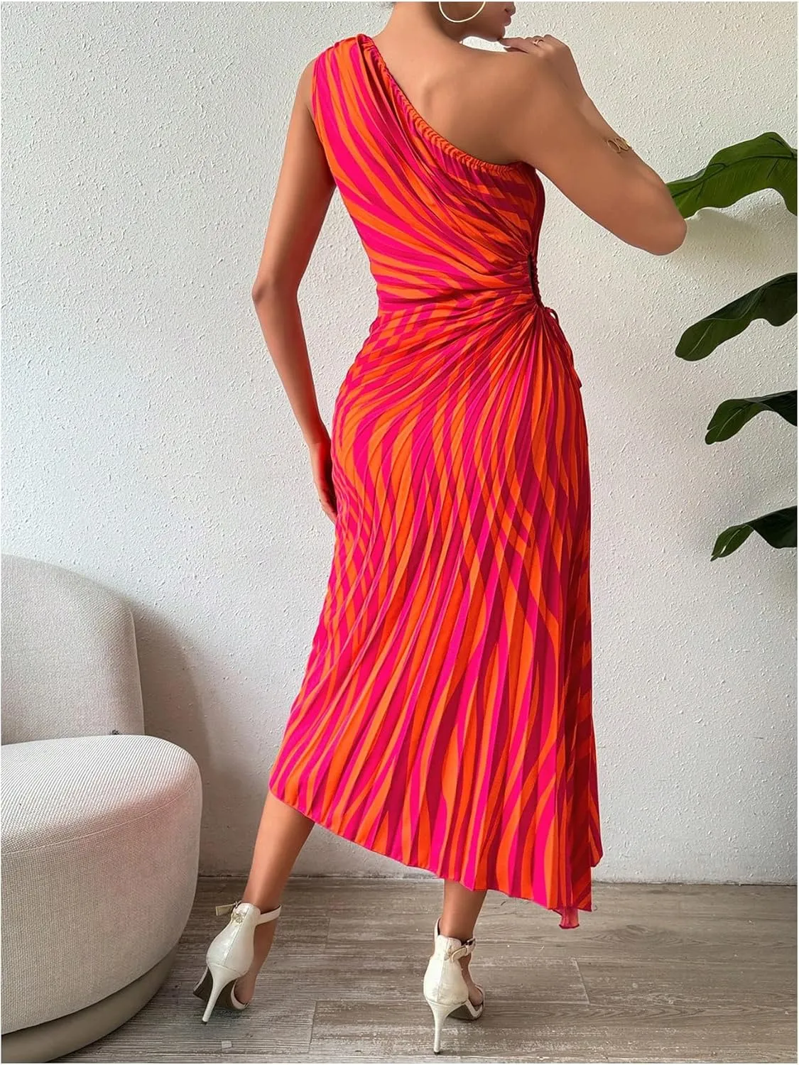 MakeMeChic Women's Casual Striped Cut Out One Shoulder Sleeveless High Waist Summer A Line Maxi Dresses
