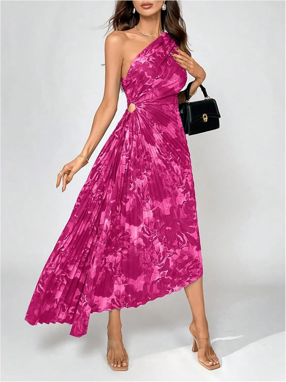 MakeMeChic Women's Casual Striped Cut Out One Shoulder Sleeveless High Waist Summer A Line Maxi Dresses