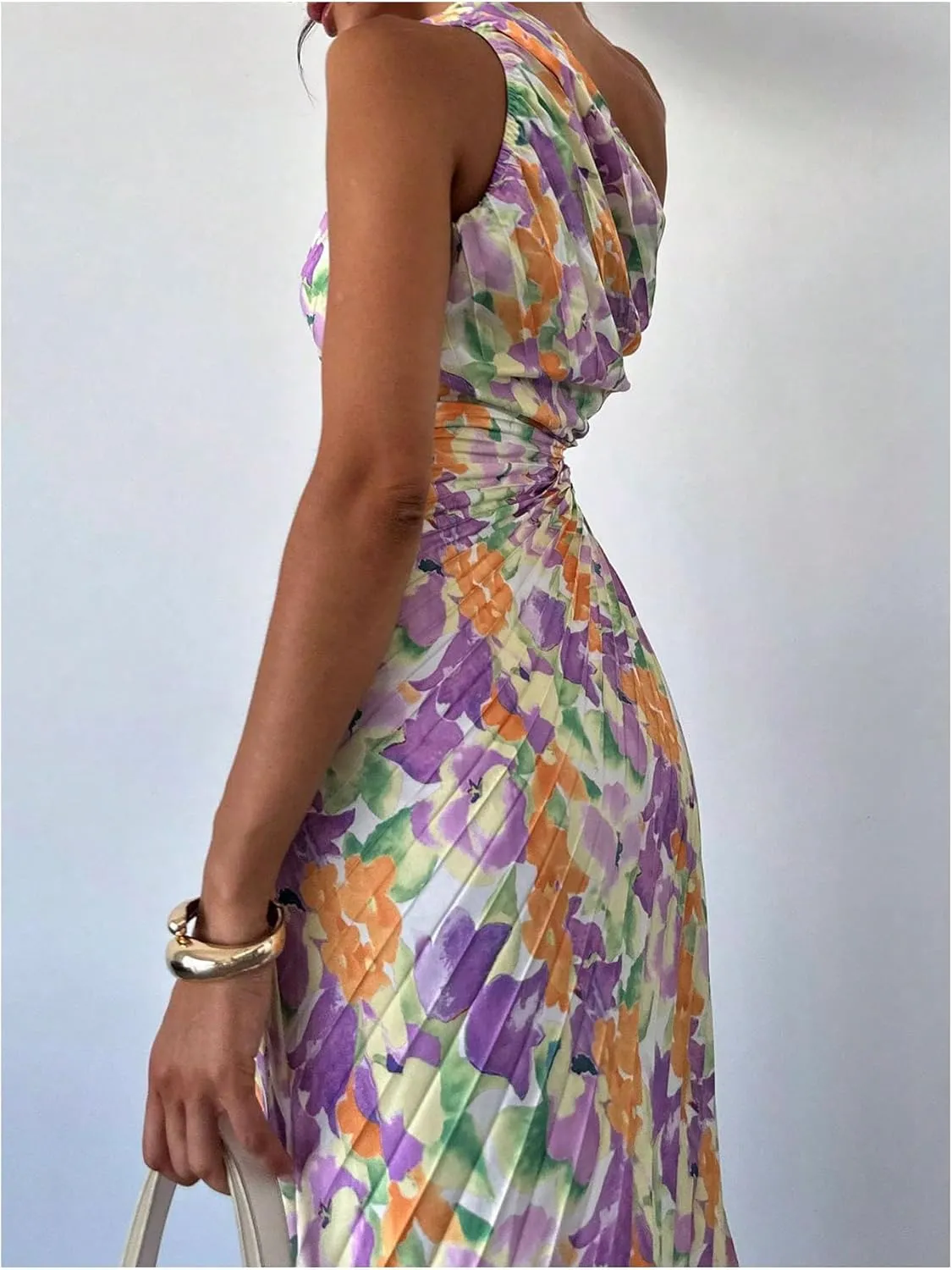 MakeMeChic Women's Casual Striped Cut Out One Shoulder Sleeveless High Waist Summer A Line Maxi Dresses