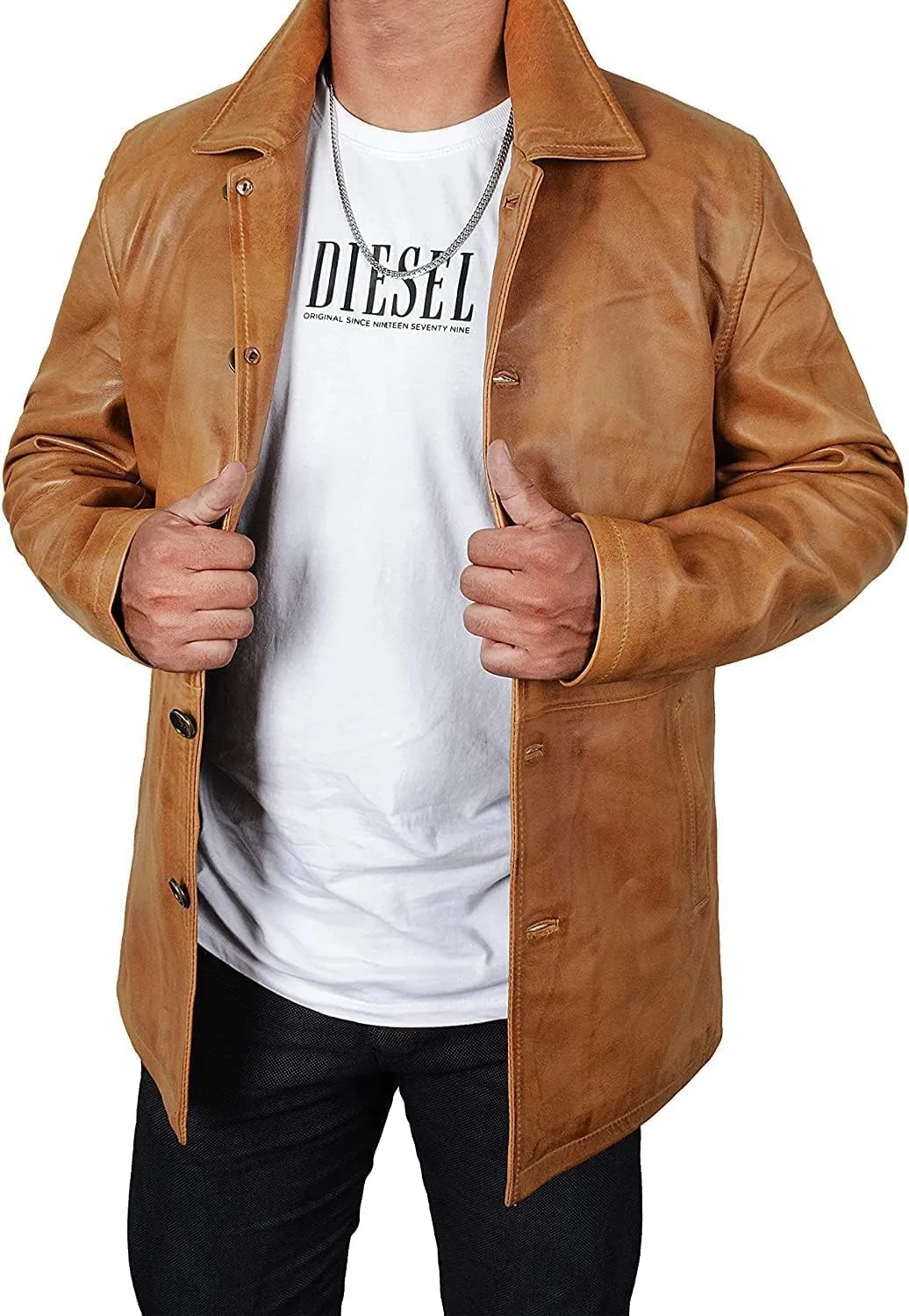 Mens 3/4 Mid Length Leather Trench Coat Jacket Dean Winchester Vintage Leather Blazer