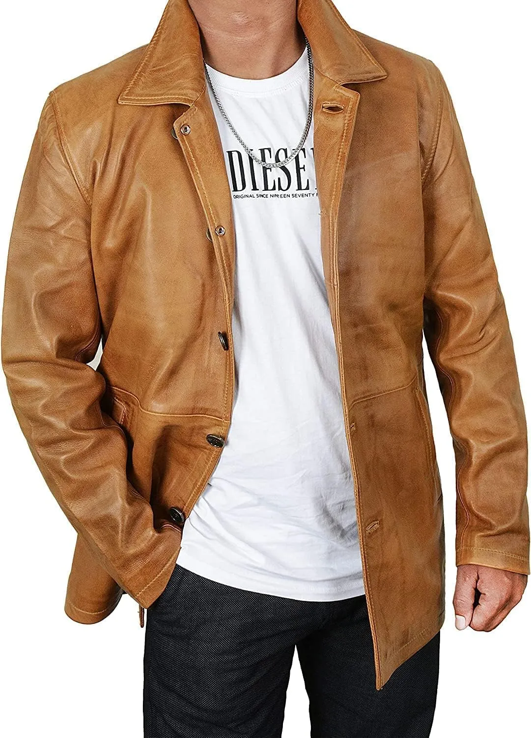 Mens 3/4 Mid Length Leather Trench Coat Jacket Dean Winchester Vintage Leather Blazer