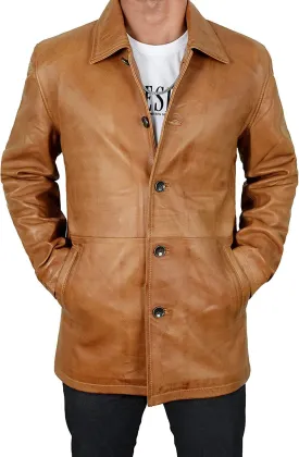 Mens 3/4 Mid Length Leather Trench Coat Jacket Dean Winchester Vintage Leather Blazer